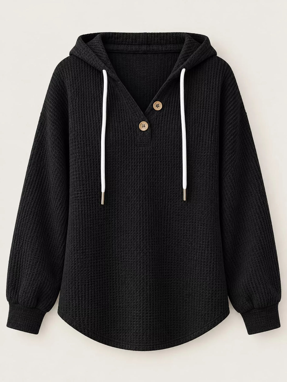 Waffle-knit hoodie, black flat lay