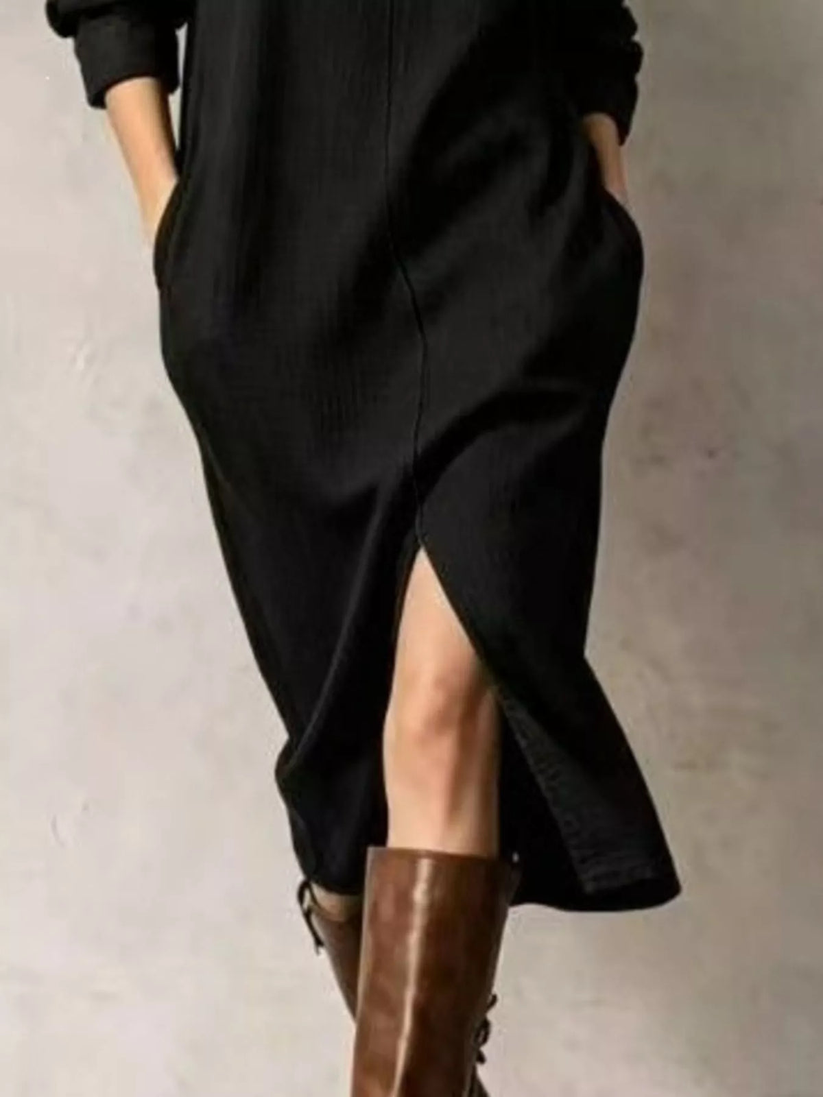 Mandarin neck long sleeve midi dress, construction and design details