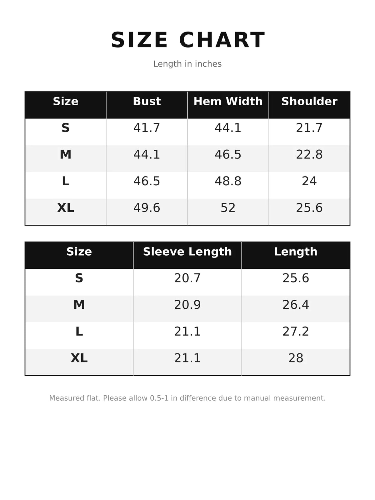 Size chart for textured long sleeve hooded jacket