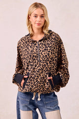 Trendsi BiBi Leopard Print Waffle Half Zip Up Hoodie W Pocket -