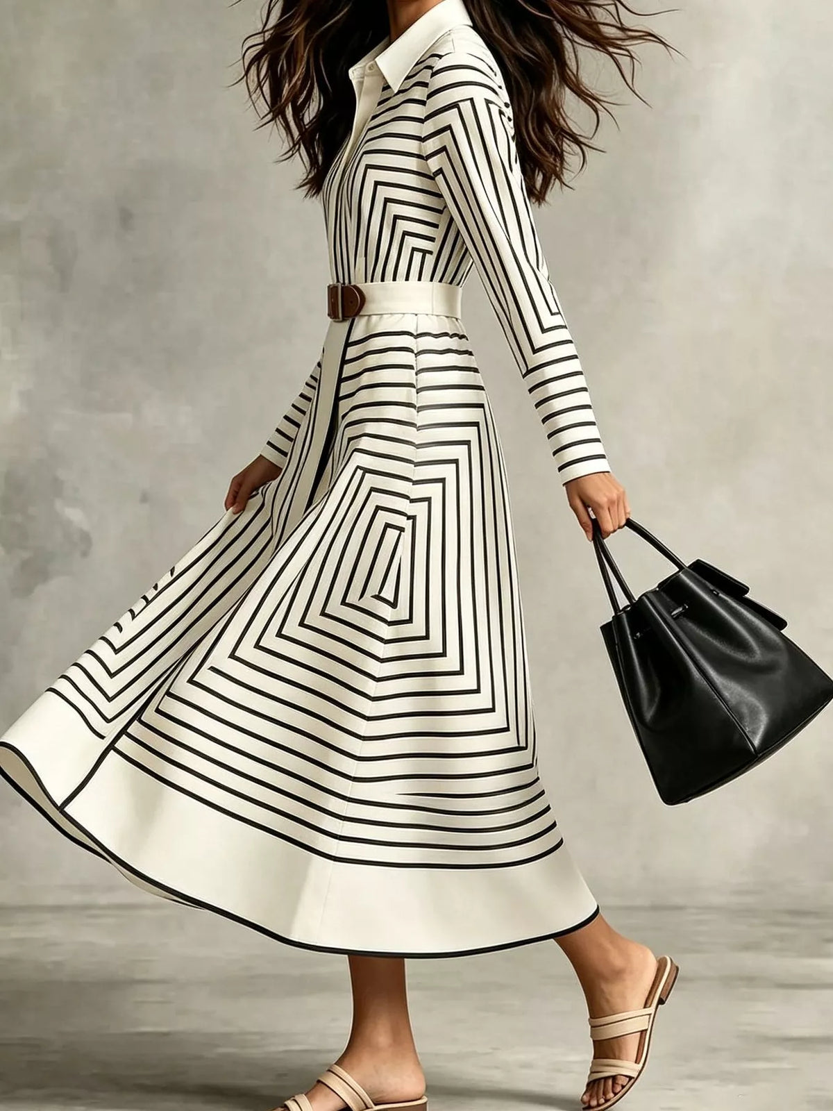 Geometric shirt dress, black and white side