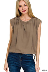 Trendsi Zenana Woven Drawstring Tie Side Sleeveless Top -