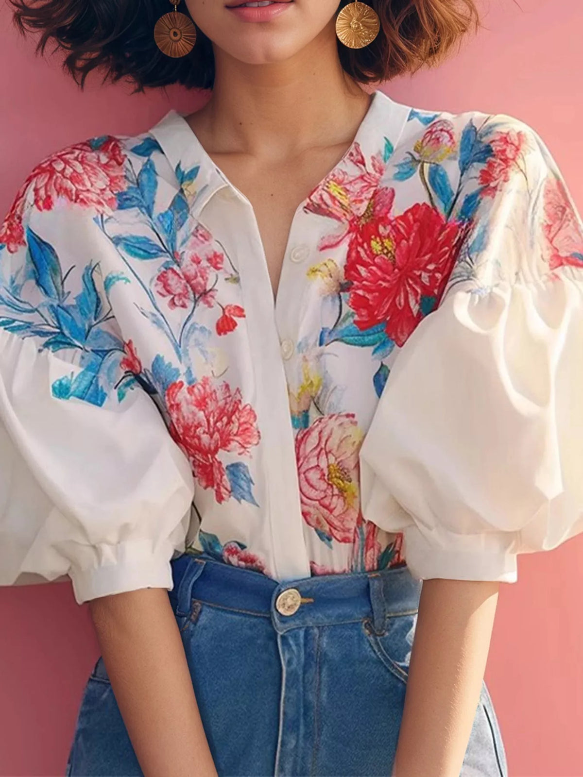 Floral V-Neck Puff Sleeve Shirt, front view