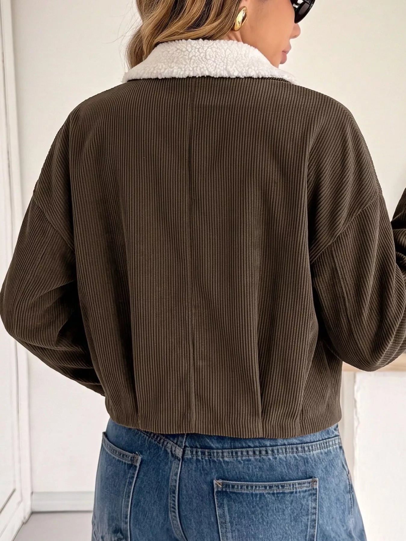 Trendsi Contrast Sherpa Collar Corduroy Zip Up Jacket -