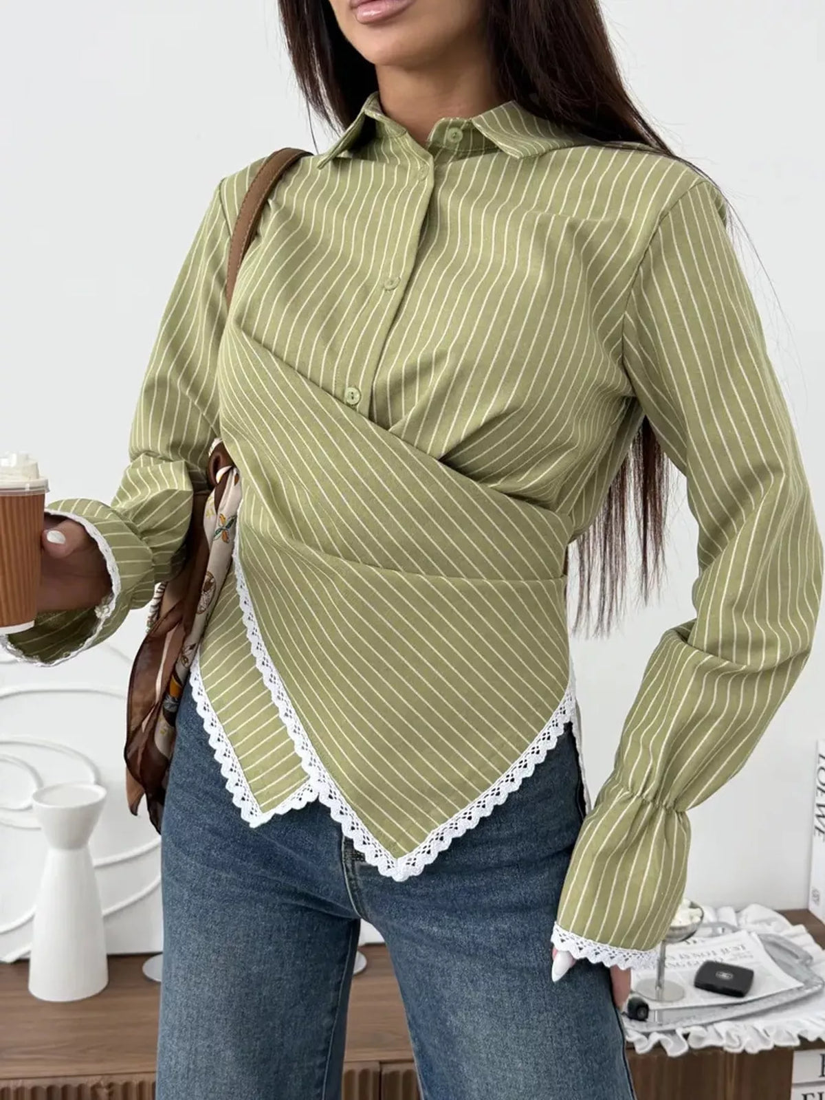 Lace-trim striped shirt, olive front