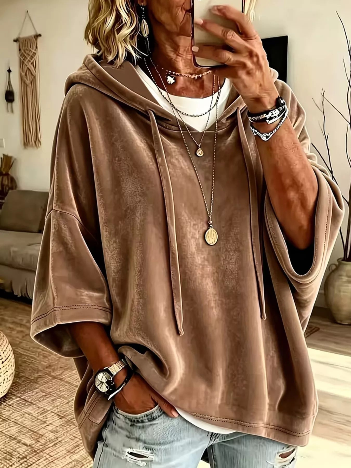 Trendsi Velvet Loose Fit Hoodie with Drawstring -