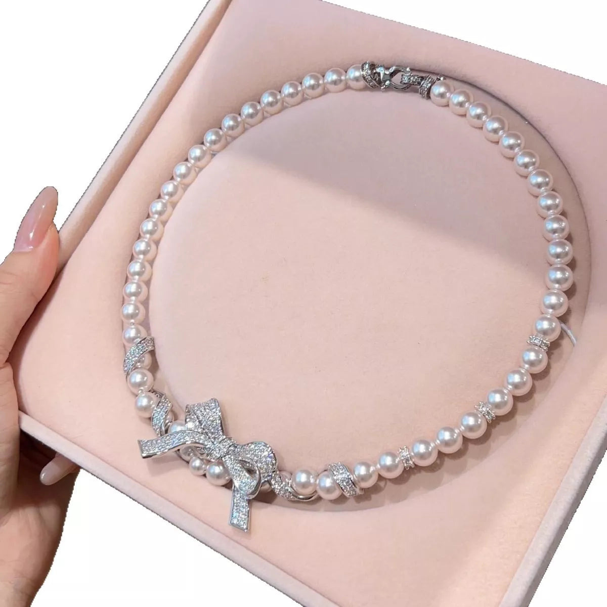 Trendsi Pearl Necklace with Bow Pendant -