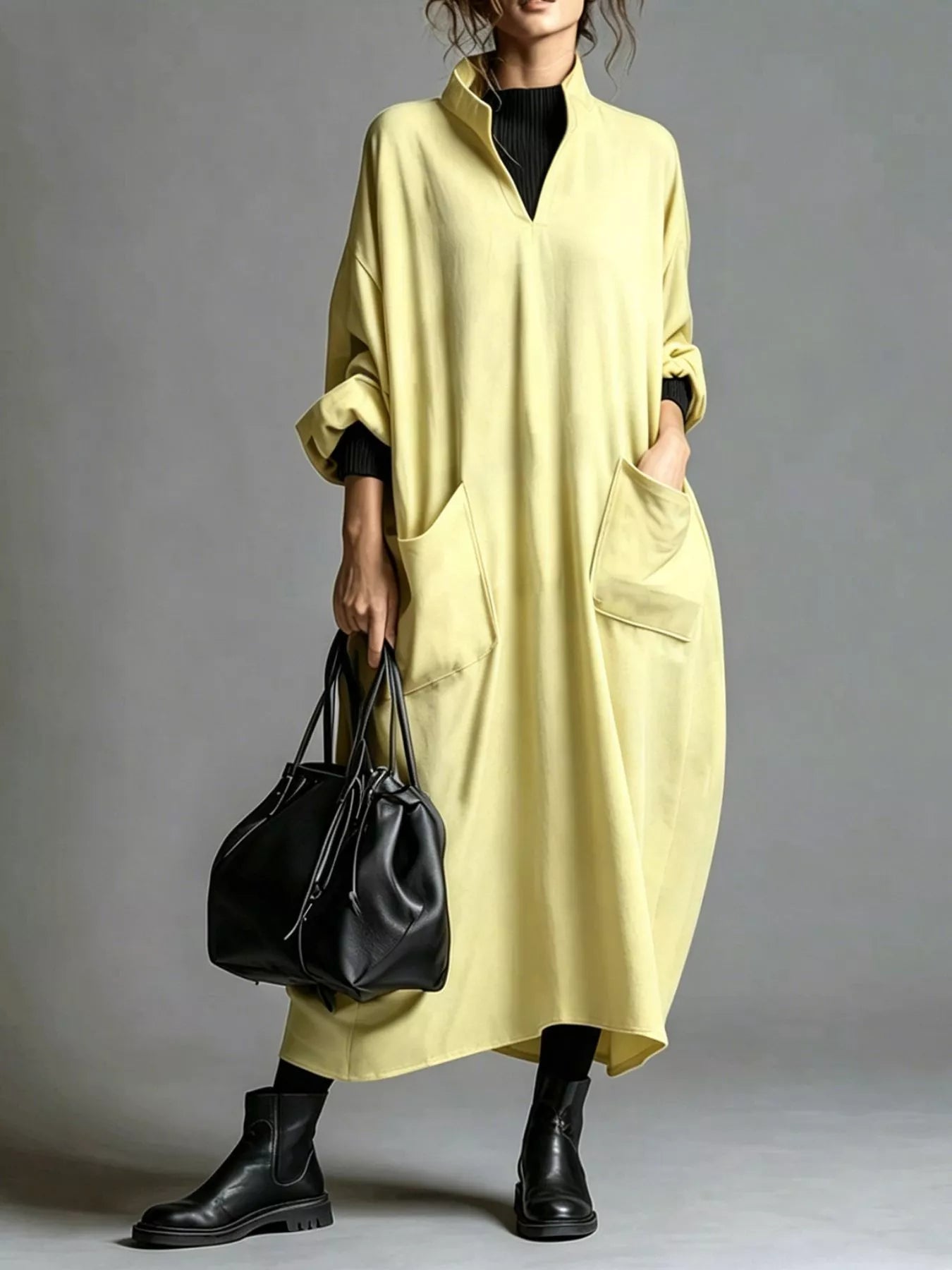 Trendsi Full Size Loose-Fit Mock Neck Midi Dress with Pockets Plus Size -