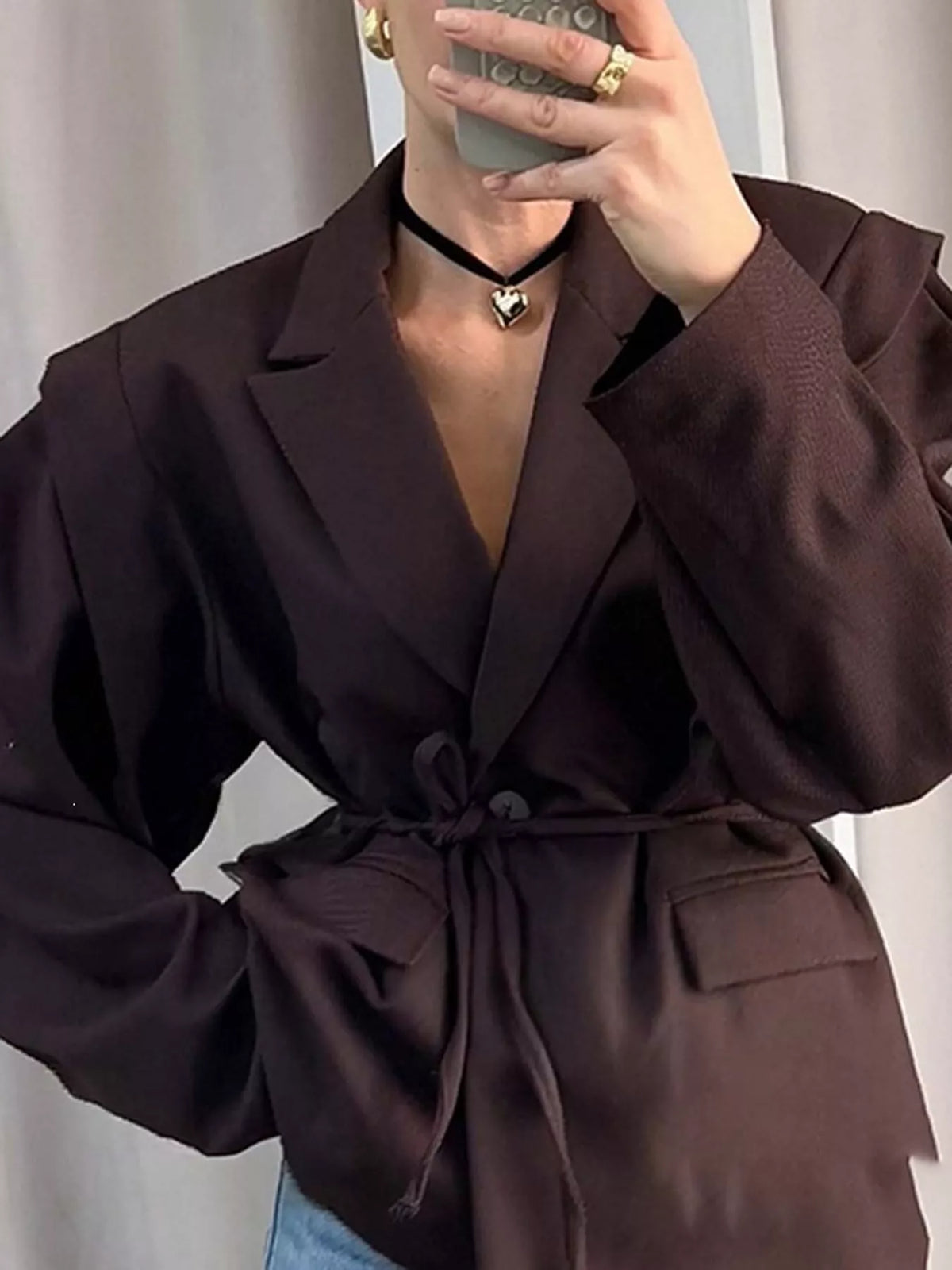 Collared long sleeve blazer, front view on model