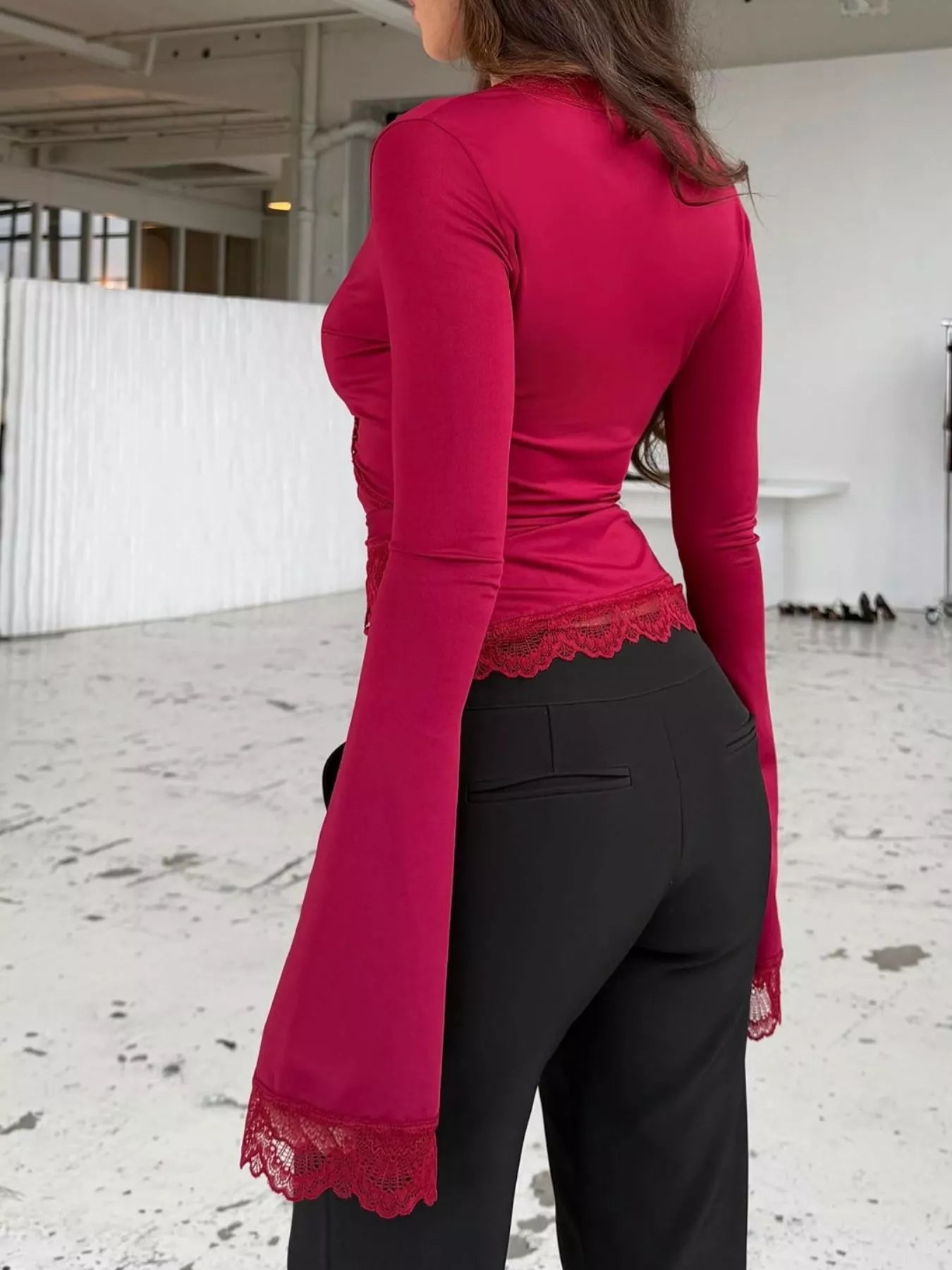 Trendsi Lace-Trimmed Long Sleeve Wrap T-Shirt -