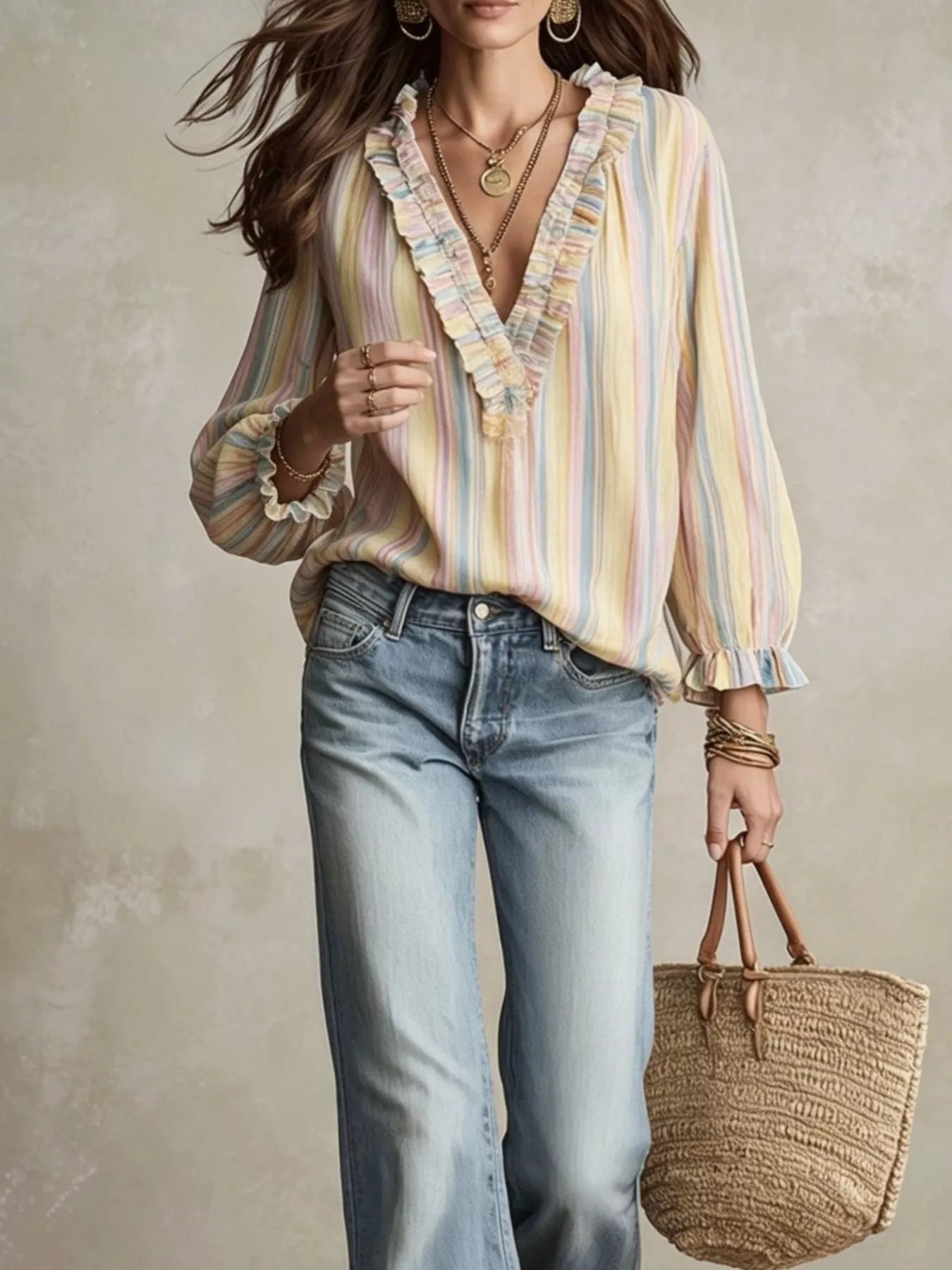 Trendsi Striped Ruffle-Trim V-Neck Blouse -