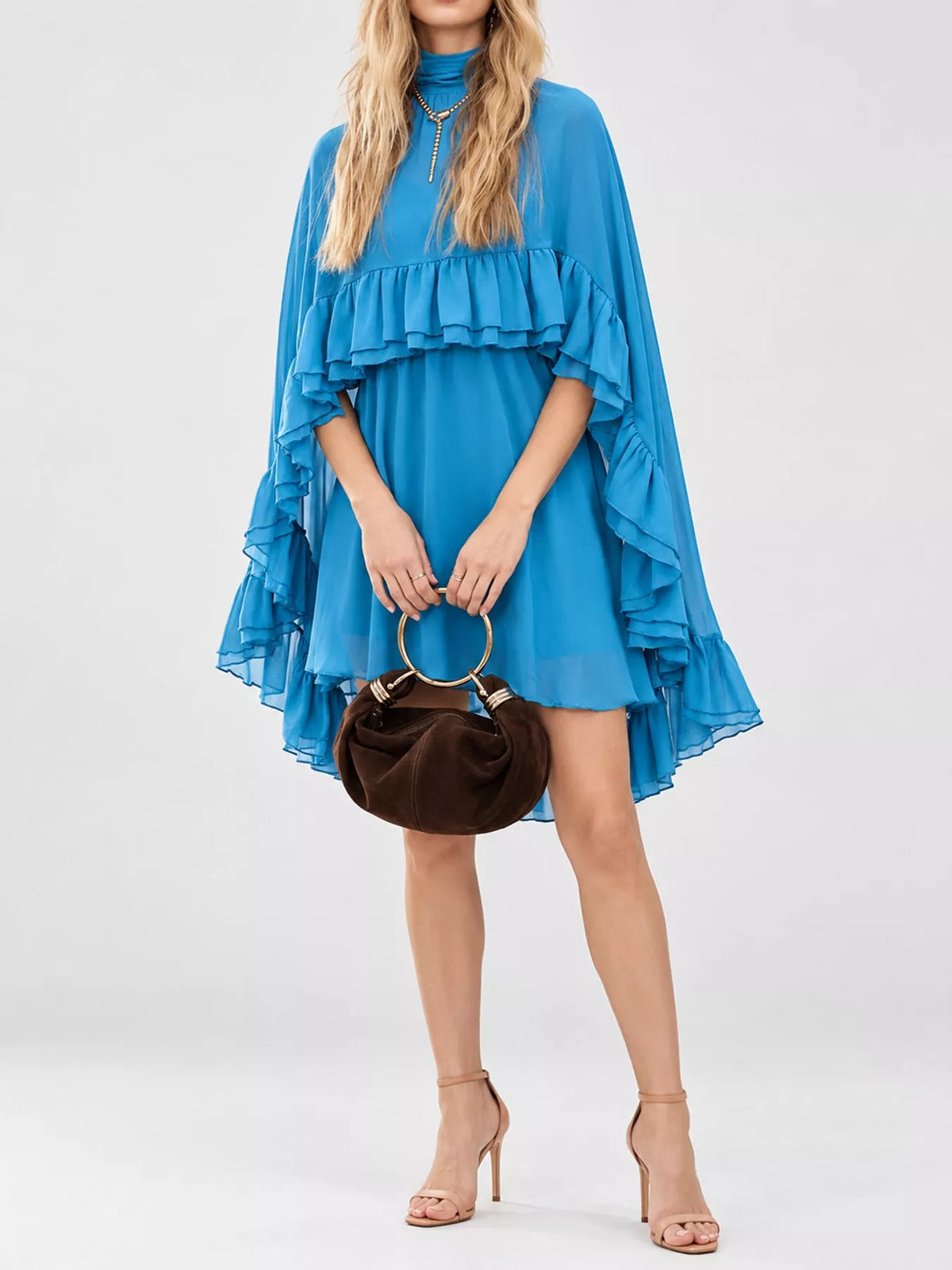 Blue ruffled cape and cami dress set, front view