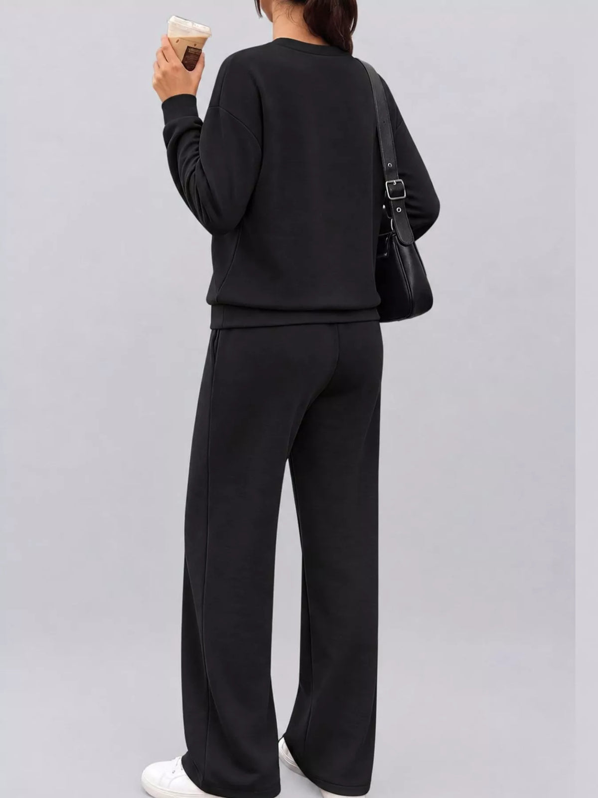 Black button detail top and wide-leg pants set — back view