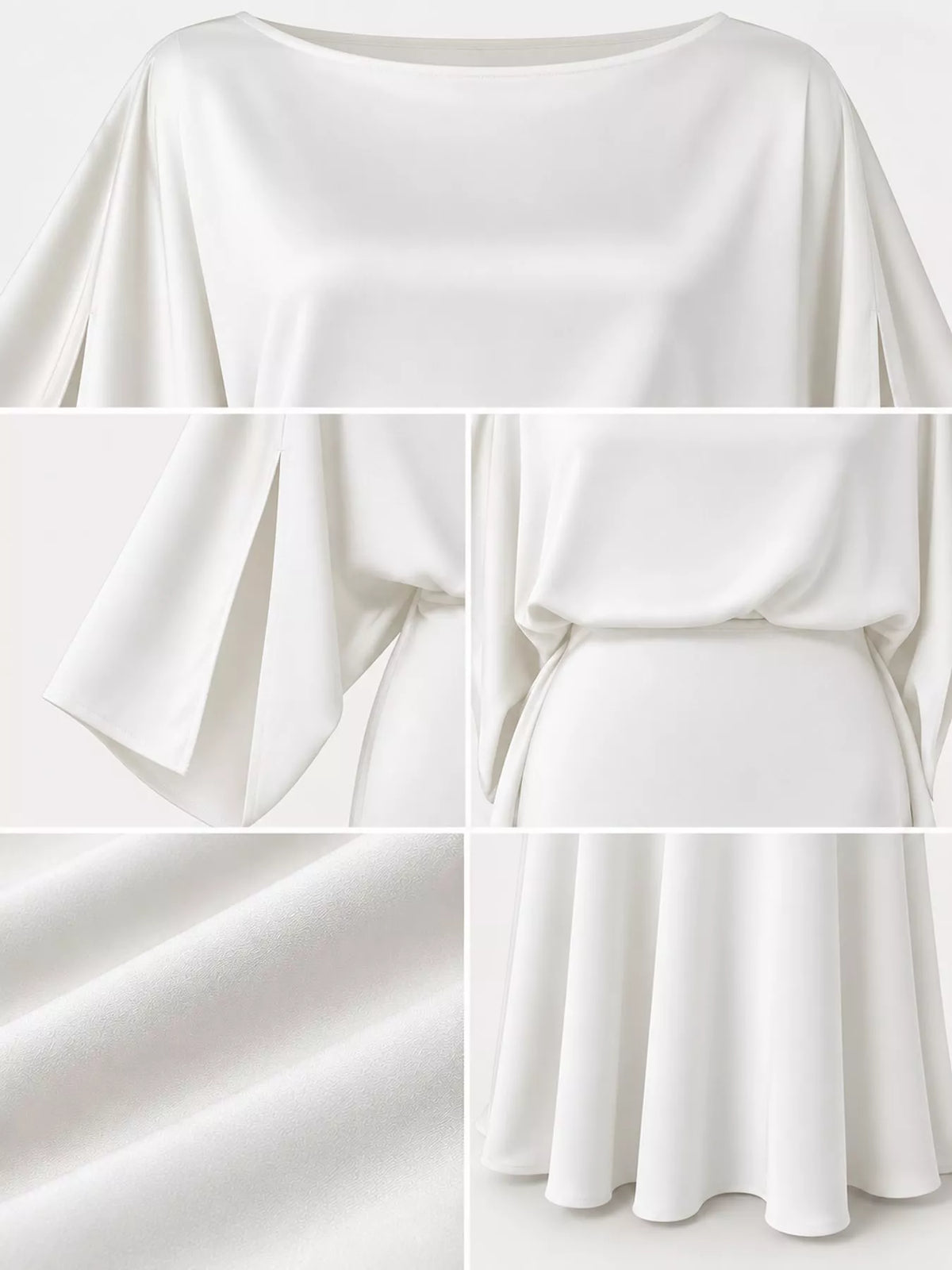White satin cape sleeve maxi dress, detail view