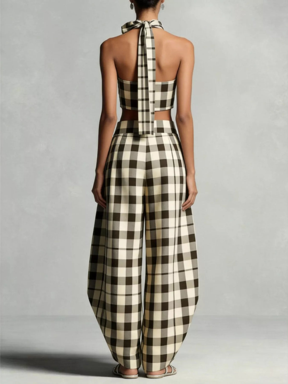 Plaid halter crop top and wide-leg pants set
