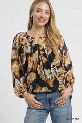 Trendsi Umgee Autumn Leaf Print Balloon Sleeve Blouse -