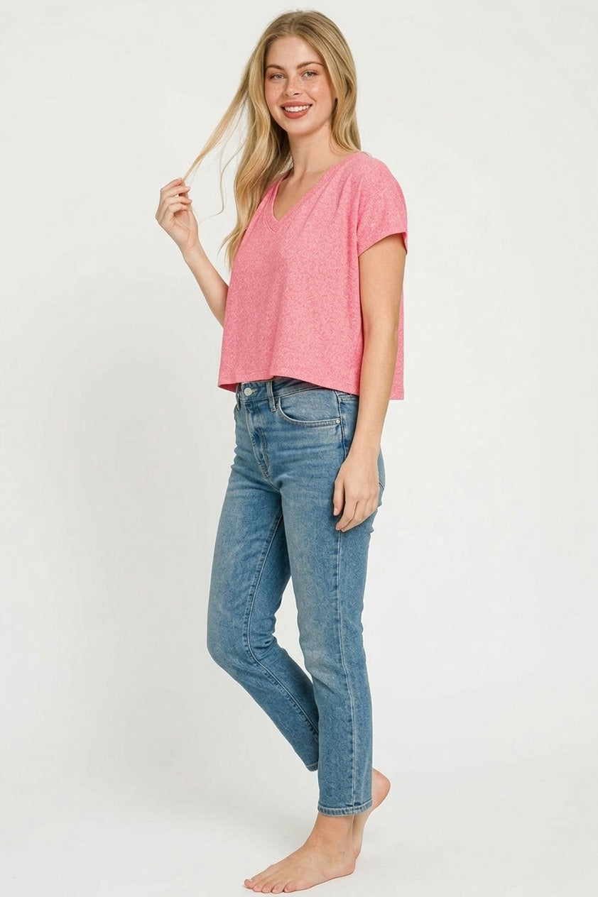 Women's Fuchsia V-Neck Cropped Drop-Shoulder T-Shirt — product view 3