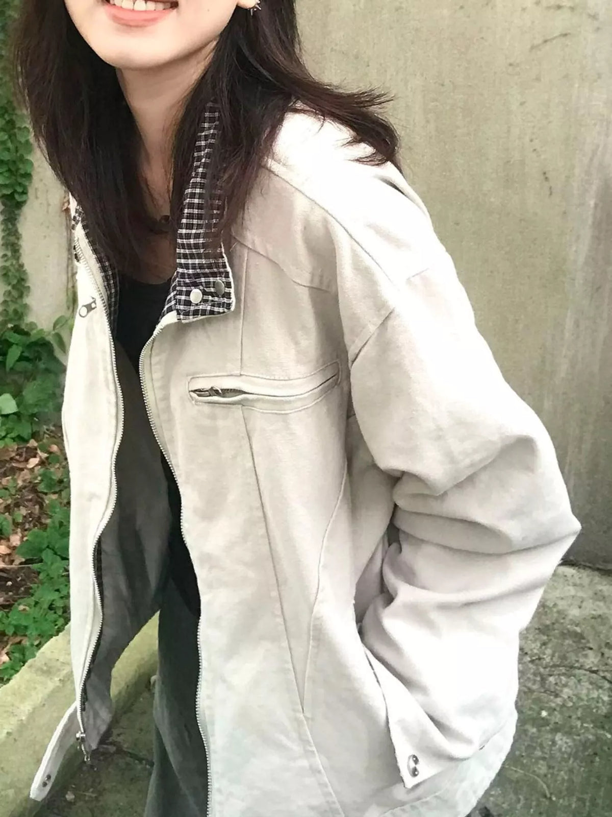 Cream contrast plaid cuffs zip-up jacket — front view
