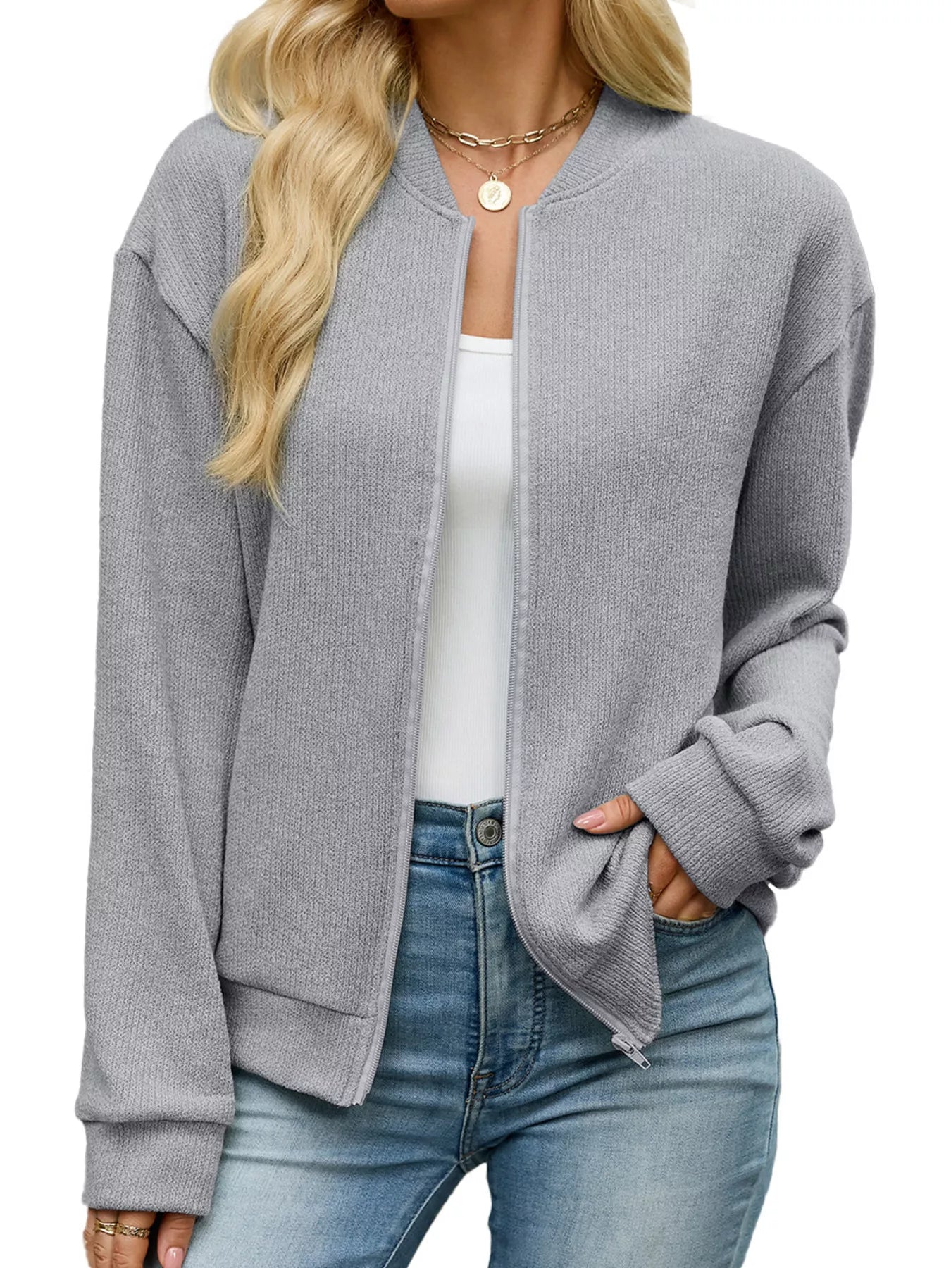 Trendsi Zip-Up Dropped Shoulder Top -