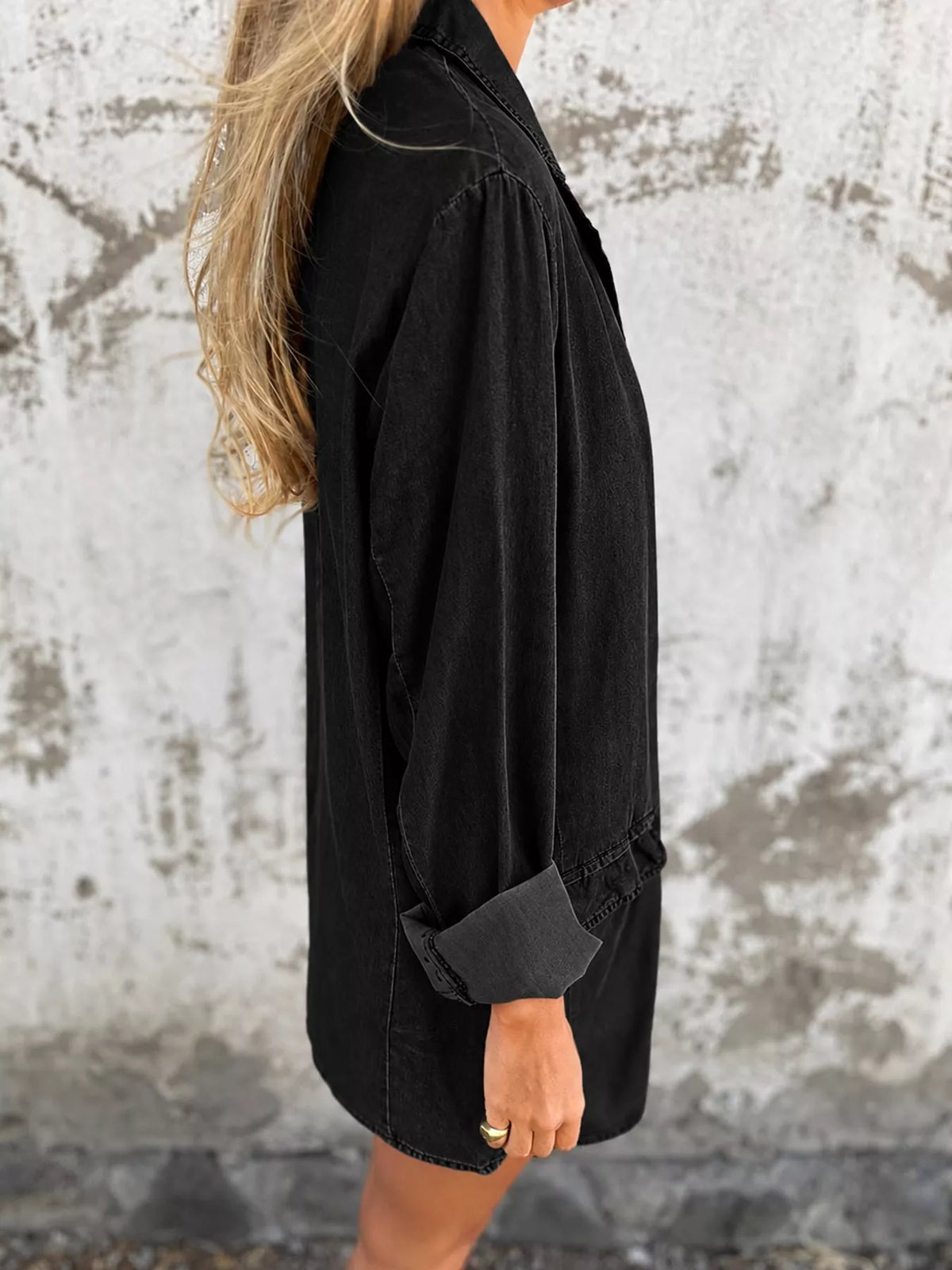 Lapel Collar Long Sleeve Denim Blazer in black