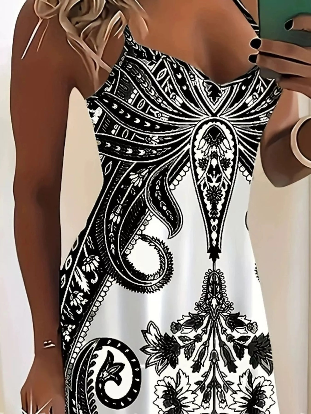 Black and white printed spaghetti strap maxi dress, paisley print and V-neck bodice