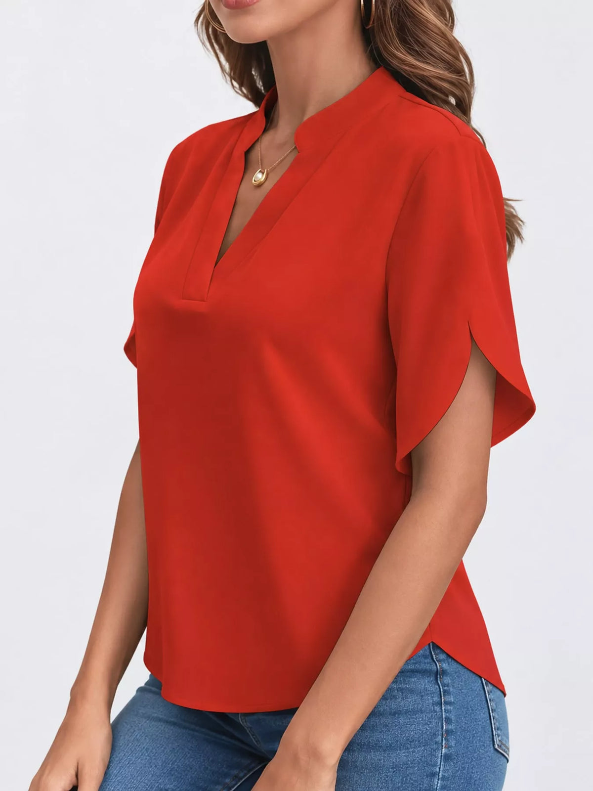 Women's Notched Slit Short Sleeve Blouse in red — side view