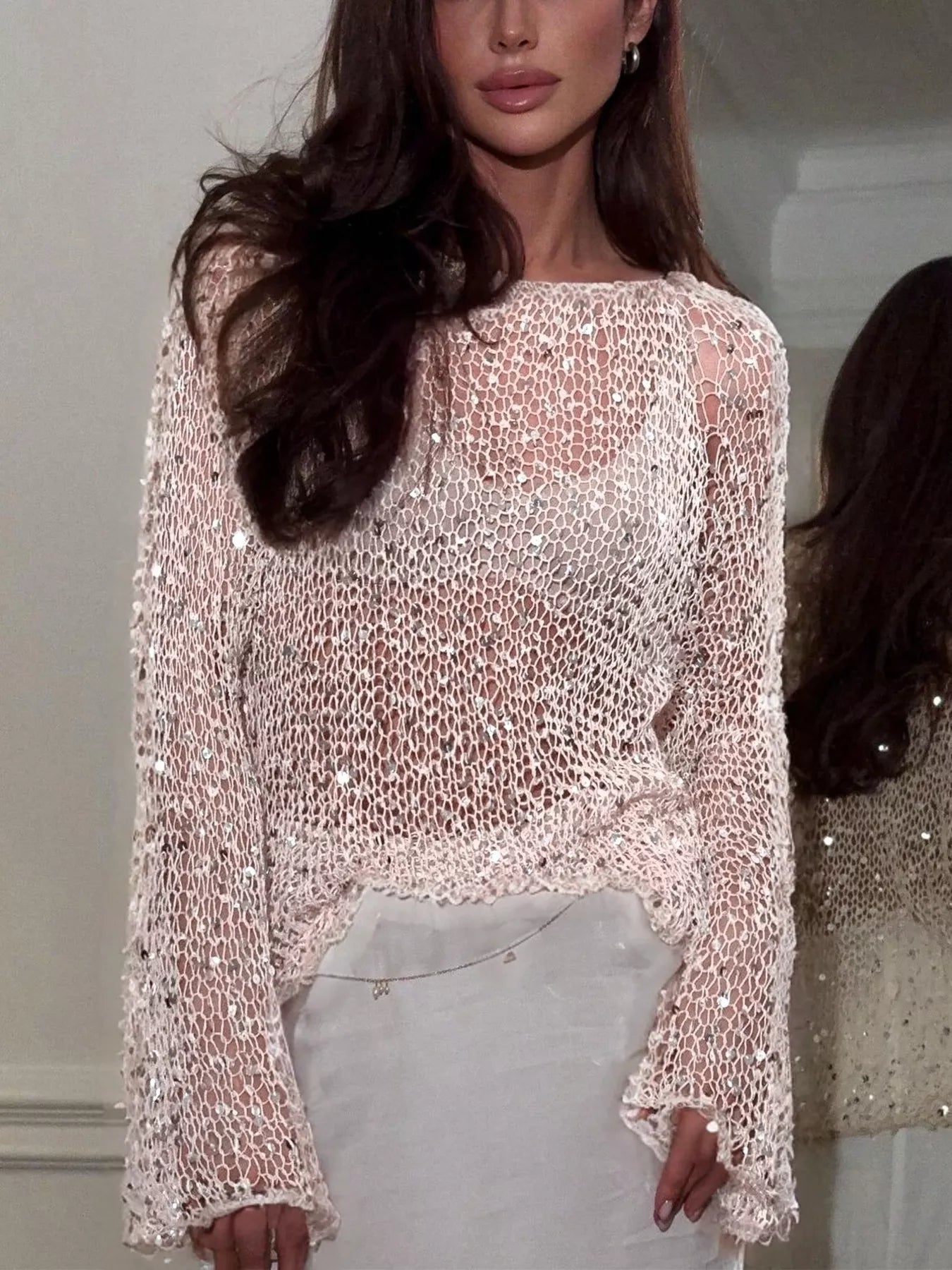 Trendsi Sequin Long Sleeve Knit Cover Up -