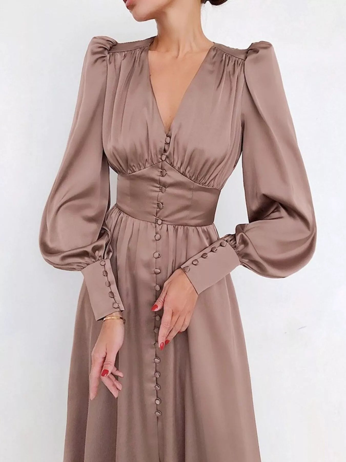 Trendsi V-Neck Lantern Sleeve Midi Dress -
