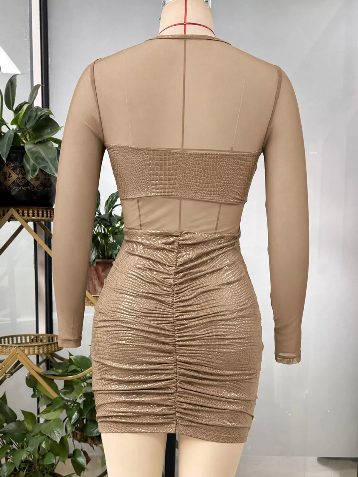 Round neck long sleeve mini dress, back view