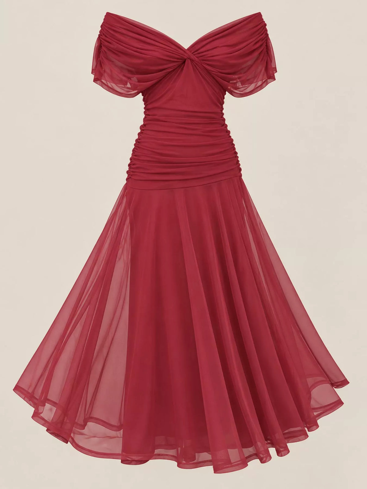 Burgundy off shoulder ruched tulle evening dress, front view