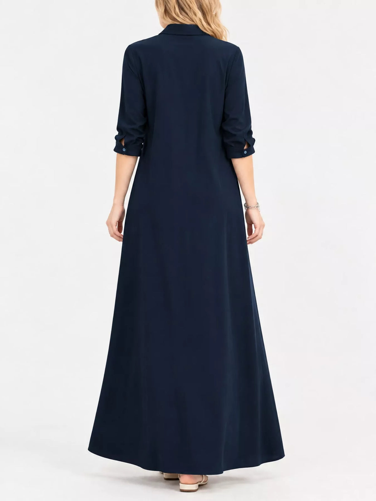 Mandarin neck long sleeve maxi dress, back view
