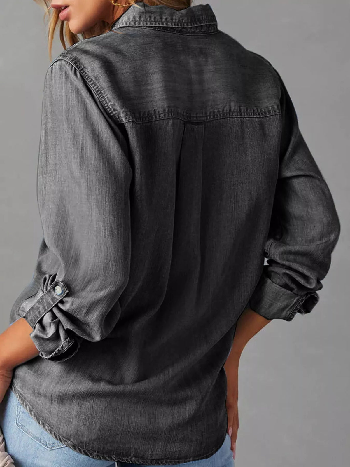 Dark Gray button-down denim shirt, back view