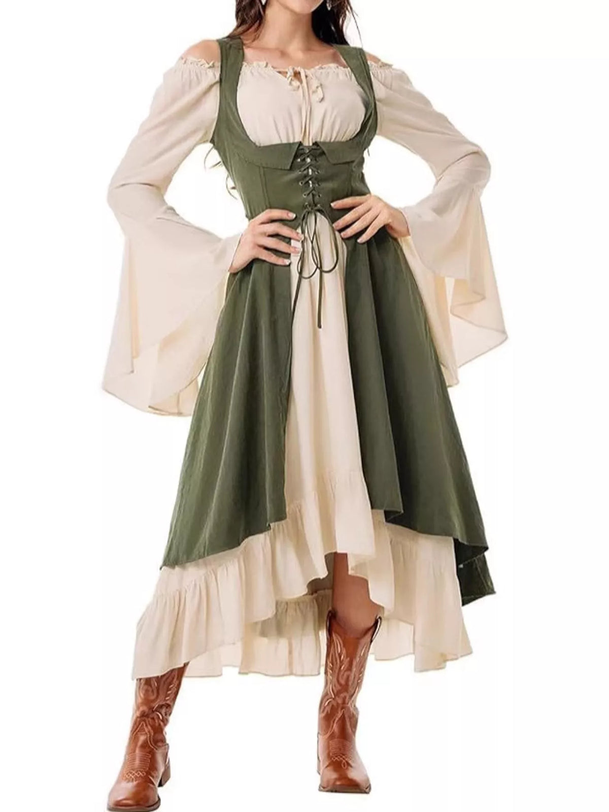 Green corset style lace-up bell sleeve dress — front view
