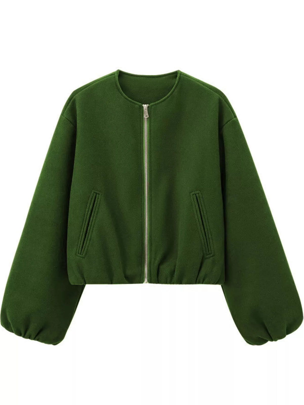 Green zip-up long sleeve jacket — front view