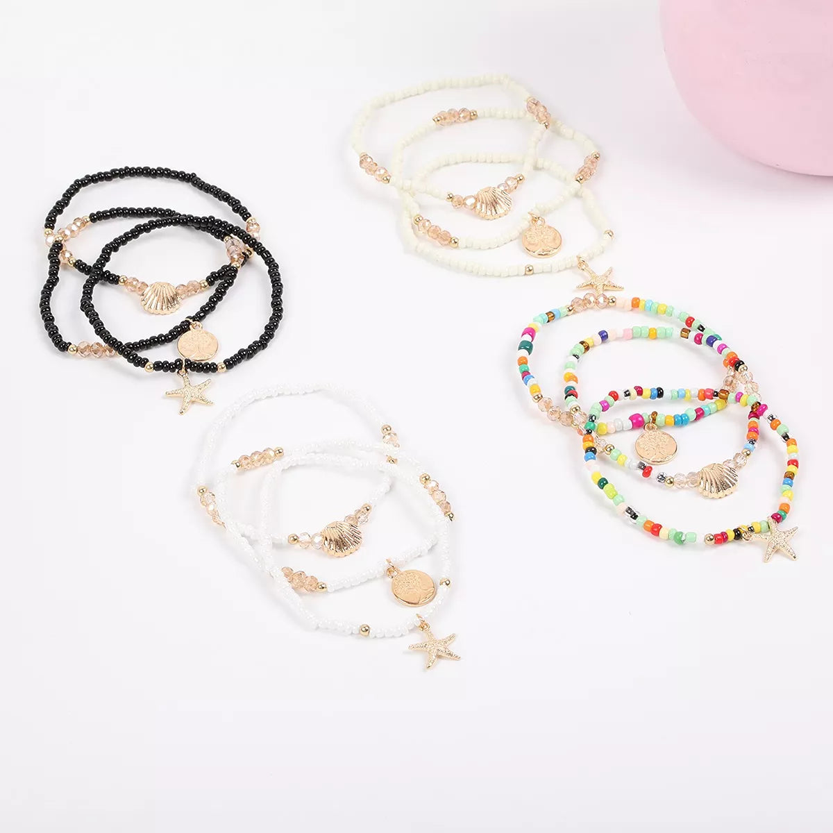 Three-piece beaded anklet sets in assorted colors and styles