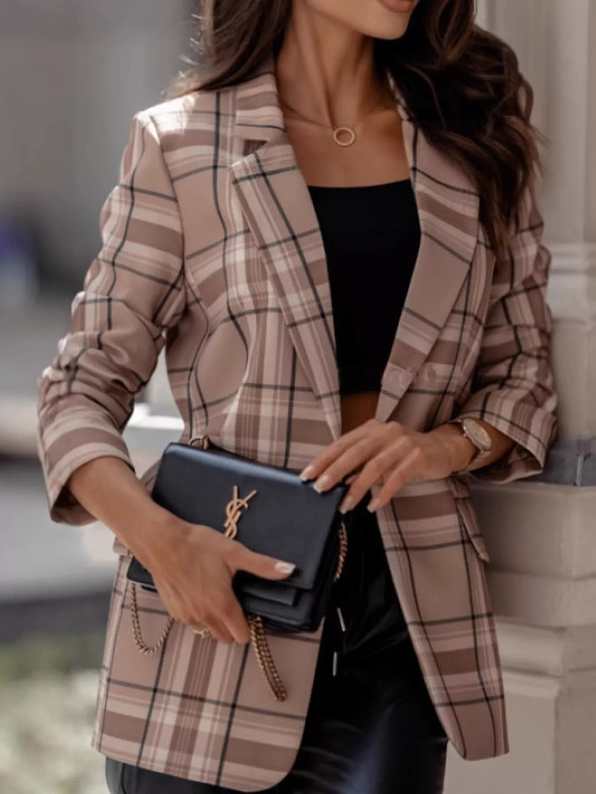 Collared long sleeve blazer, front view on model