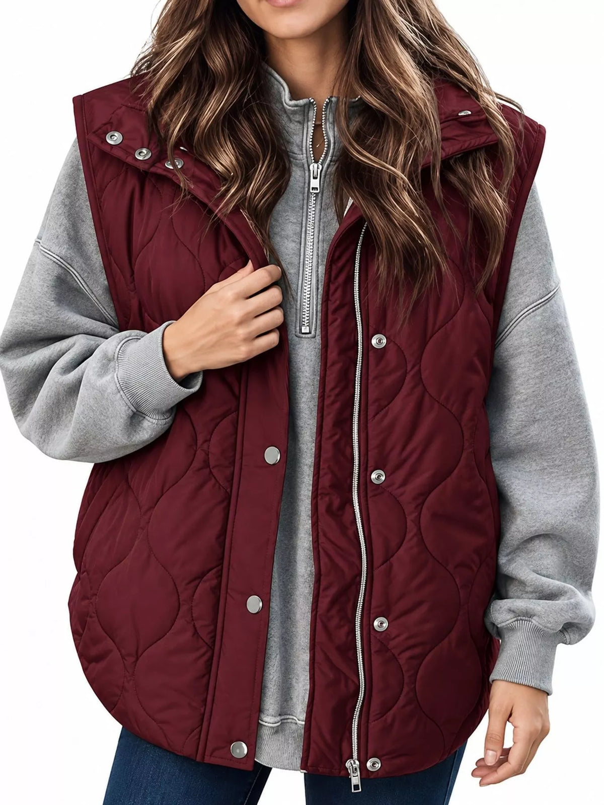 Quilted Snap-Front Vest — front view
