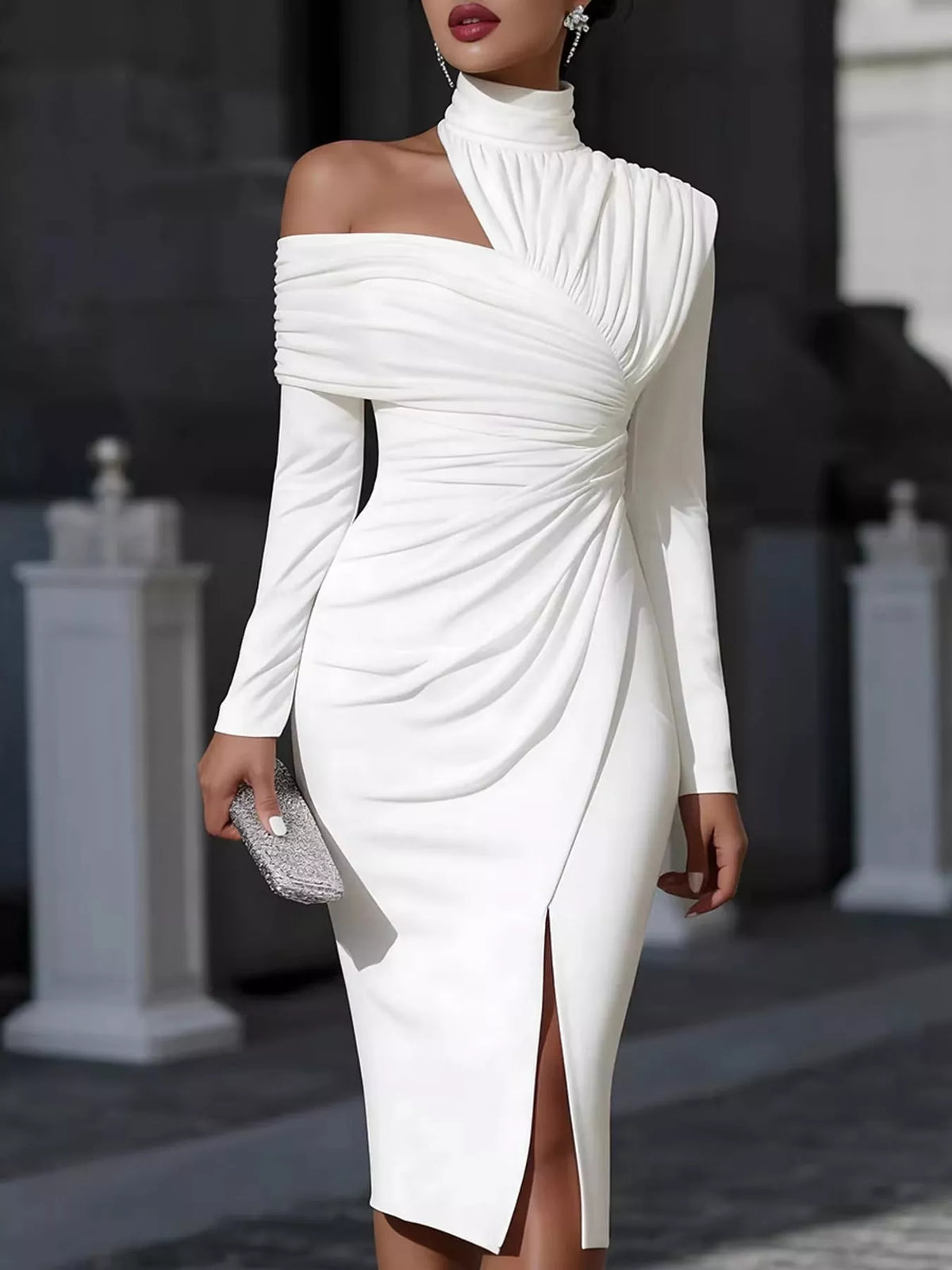Asymmetric Cutout High-Neck Ruched Bodycon Midi Dress in white