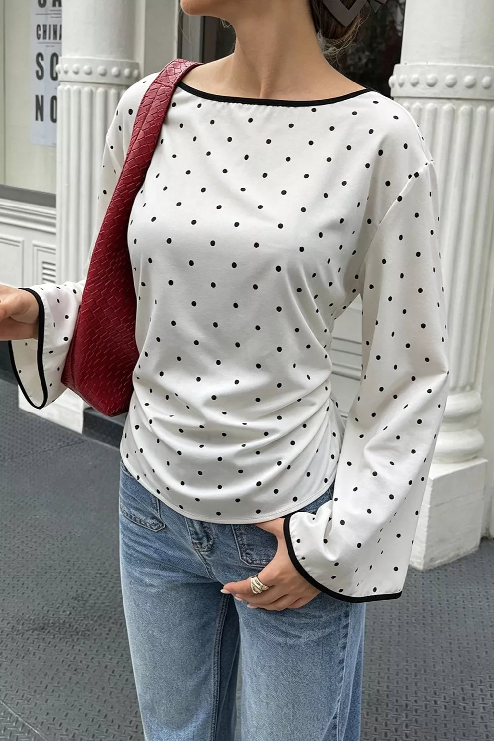 Trendsi Polka Dot Flare Sleeve Blouse -