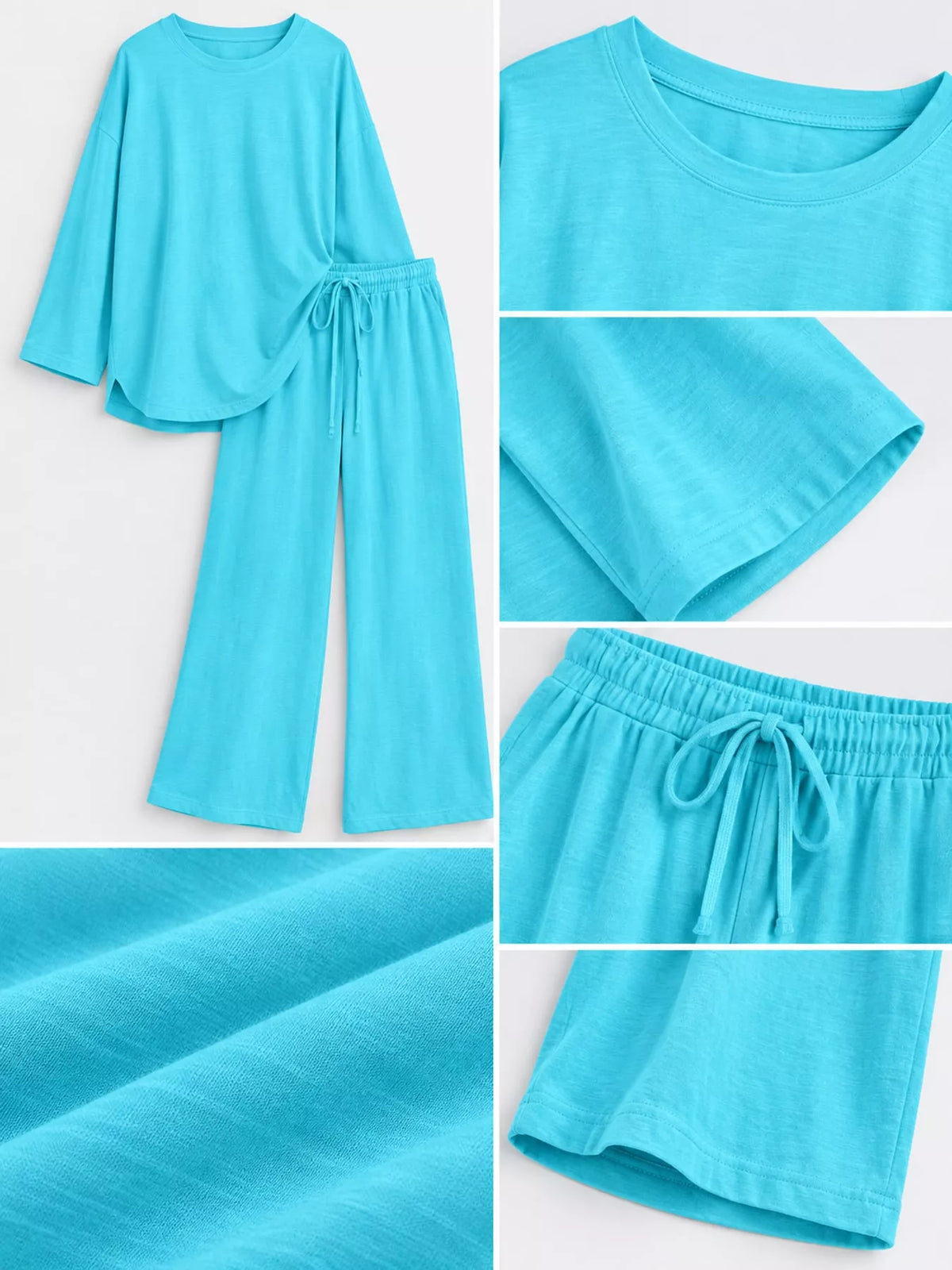 Women's Round Neck Top and Drawstring Wide-Leg Pants Set in turquoise — detail collage view