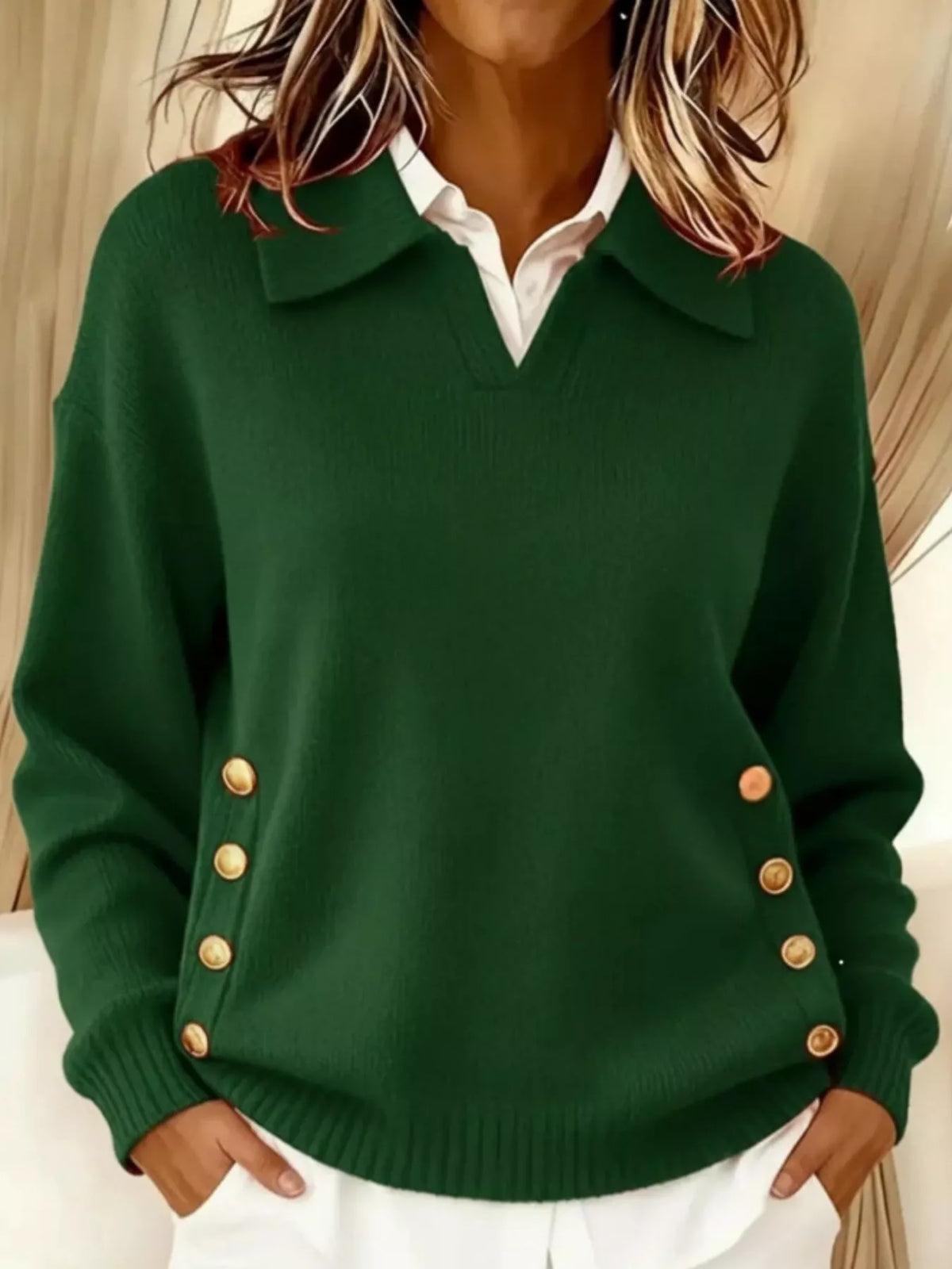 Women's Decorative Button Dropped Shoulder Sweater in Green, front view