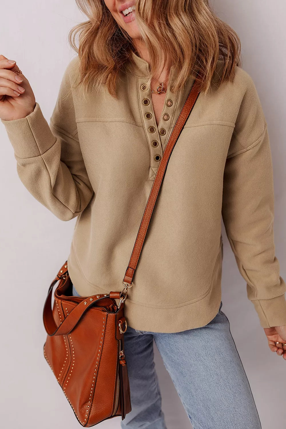 Trendsi Eyelet Button Placket Dropped Shoulder Sweatshirt -
