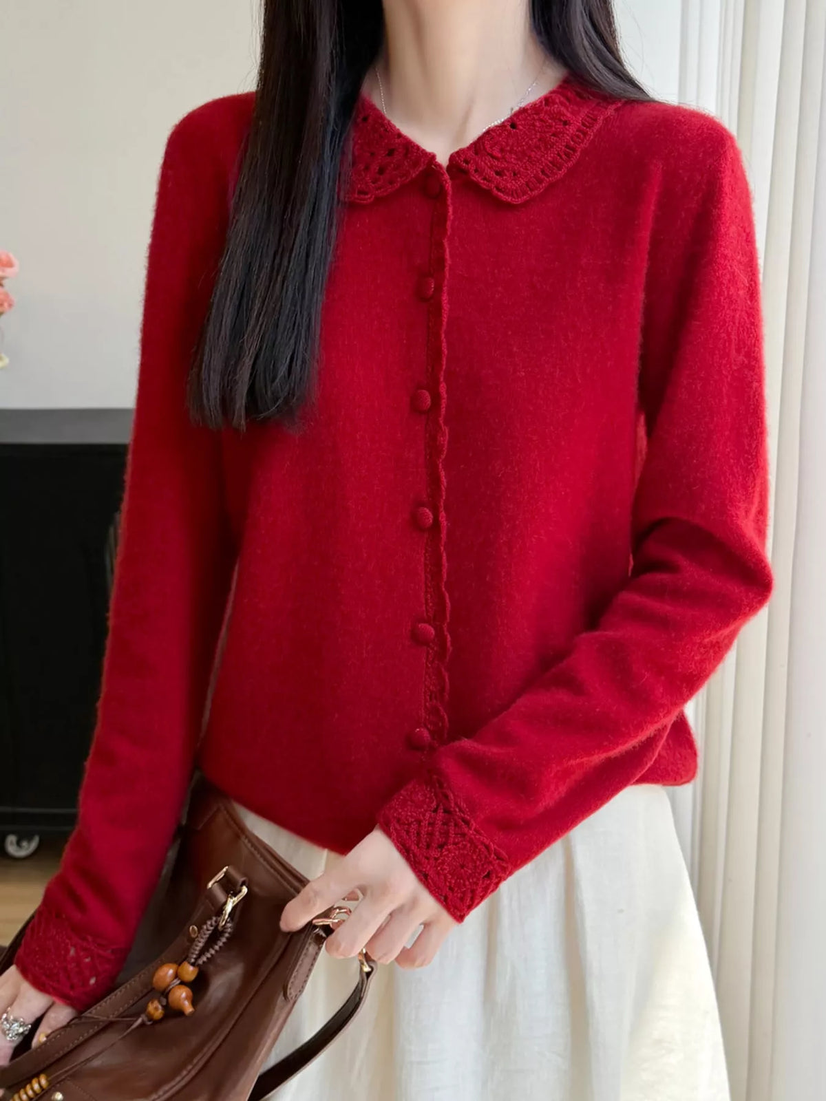 Lace-collar cardigan, red front