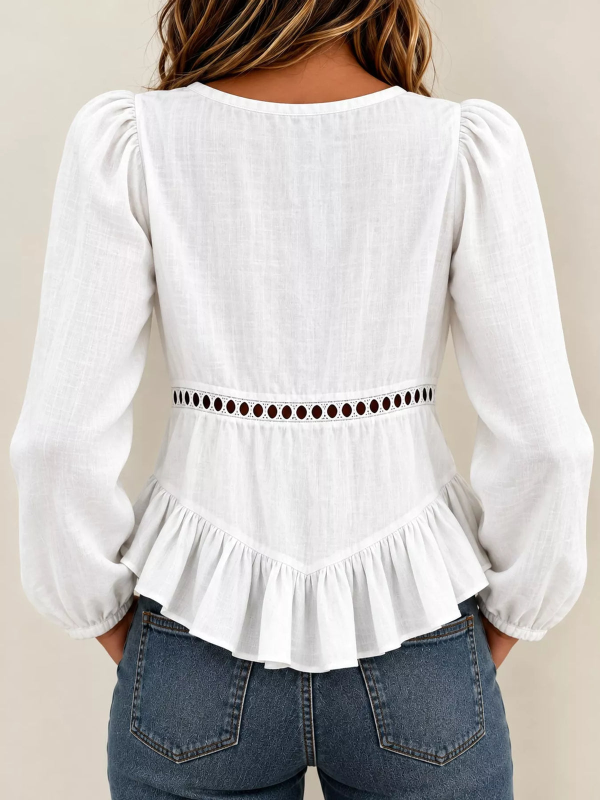 Women's Long Sleeve Blouse with Eyelet Lace Trim and Ruffled Hem in white — back view
