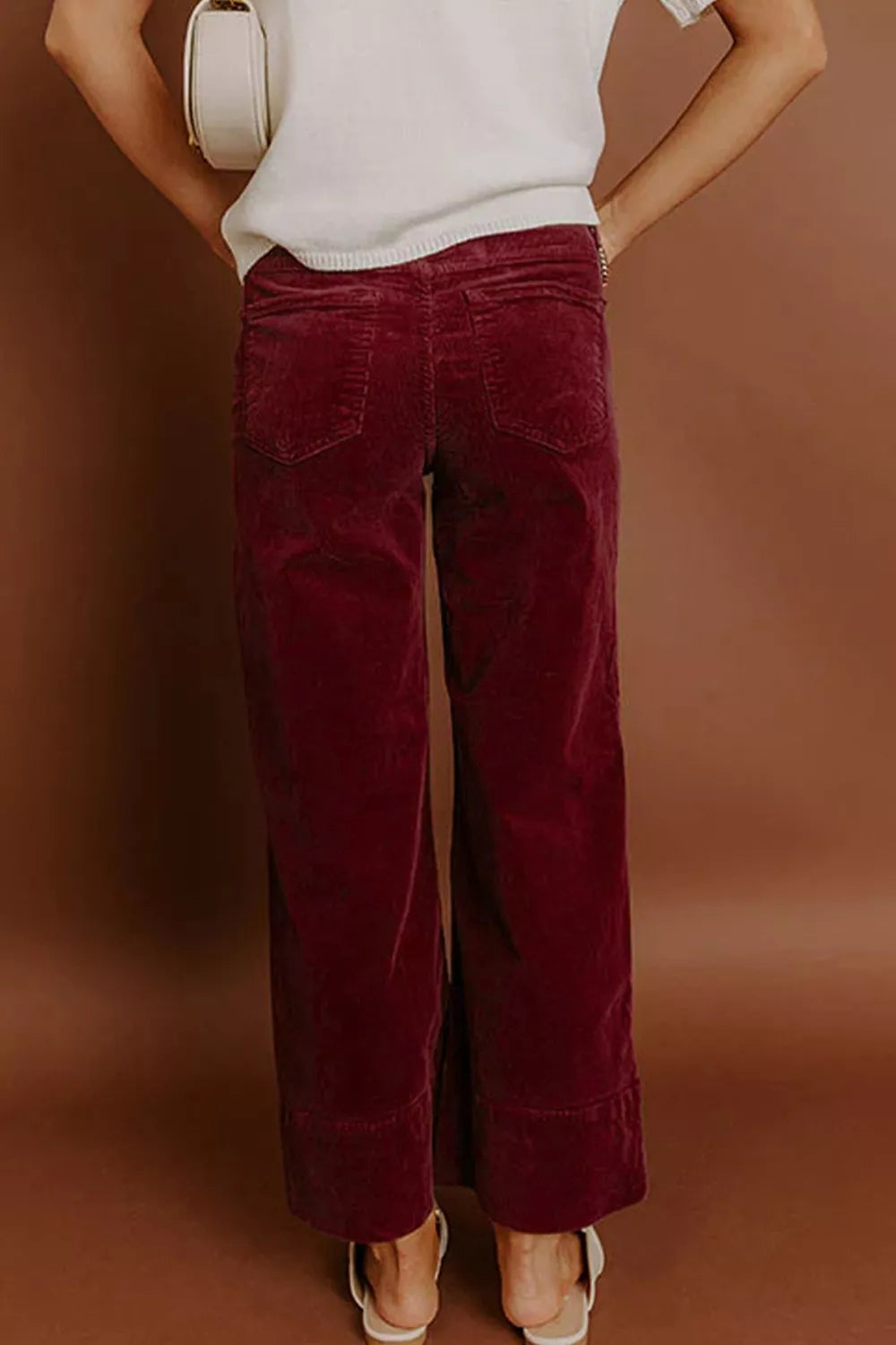 Trendsi Corduroy Solid Color High Waist Wide Leg Pants -