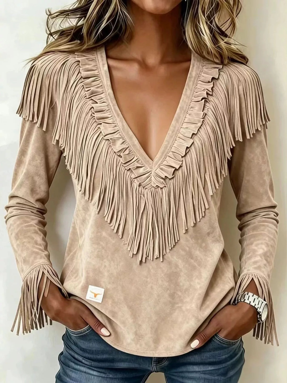 Fringed V-Neck Blouse in beige, front view