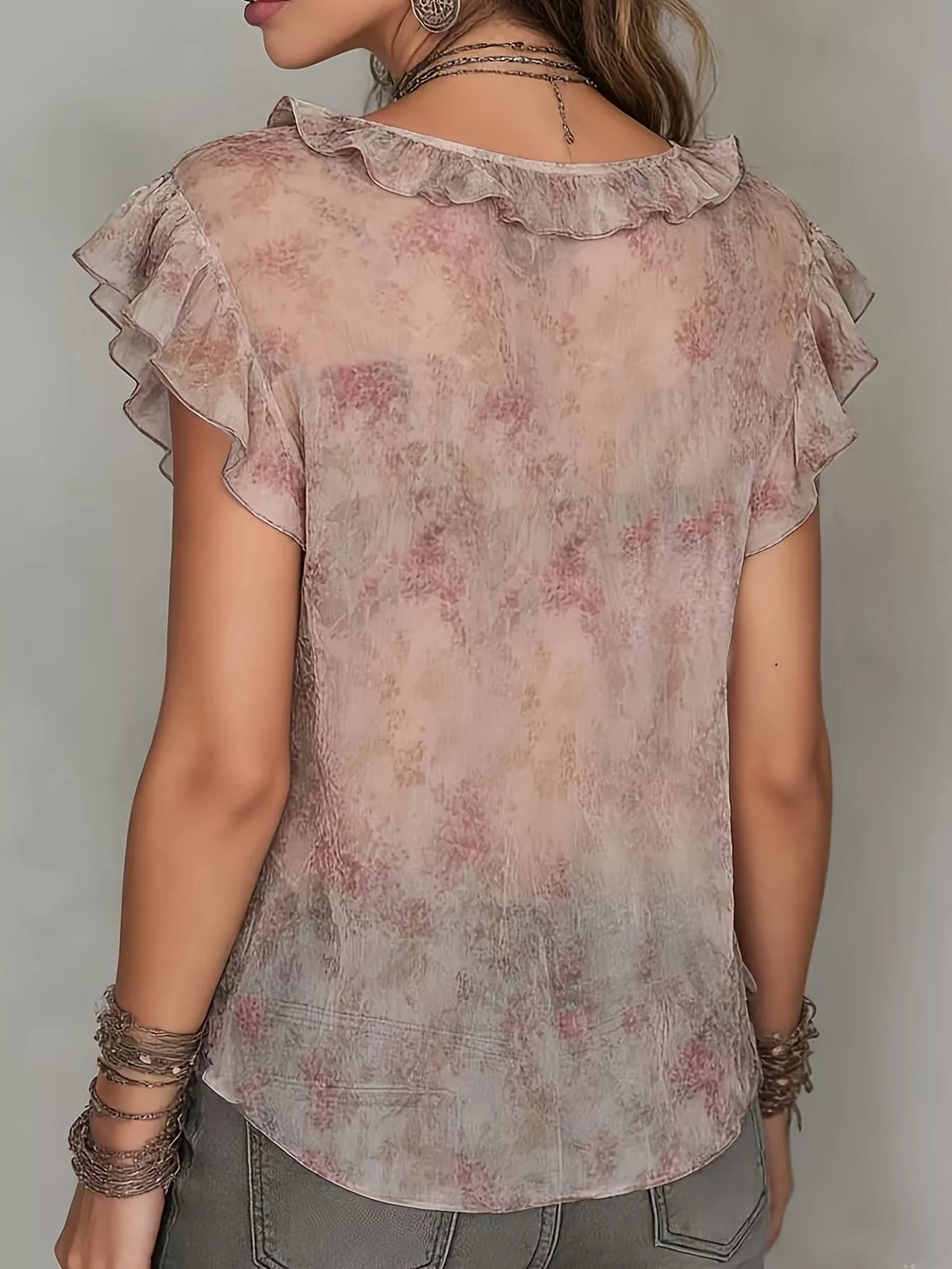 Floral Print Ruffled V-Neck Blouse — back view