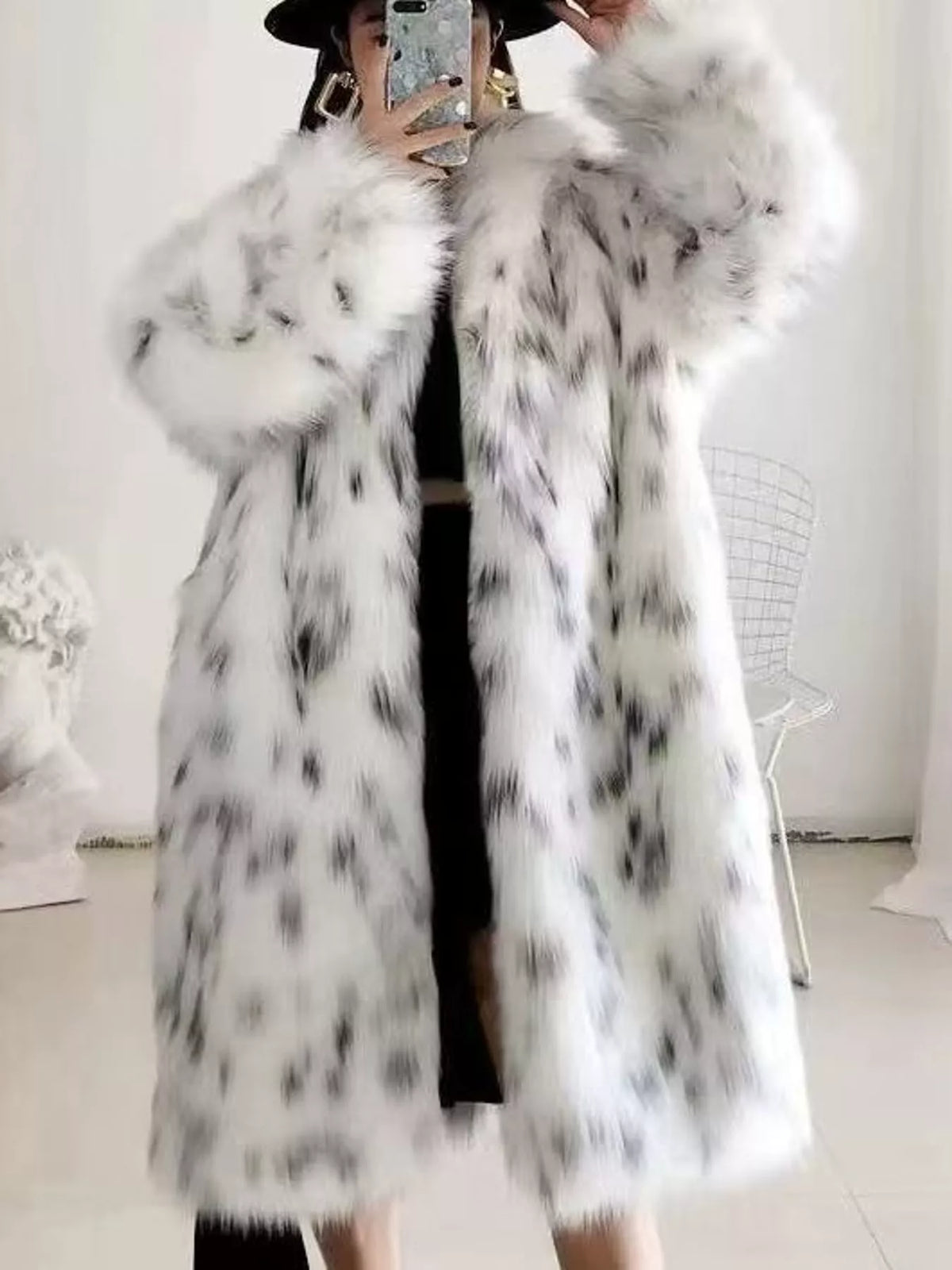 Faux Fur Longline Coat in white and black