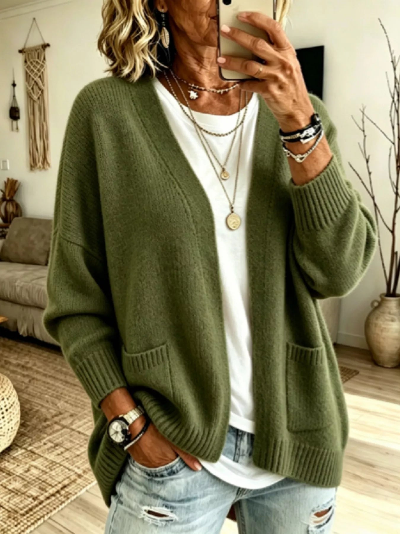 Trendsi Open Front Knit Cardigan with Pockets -