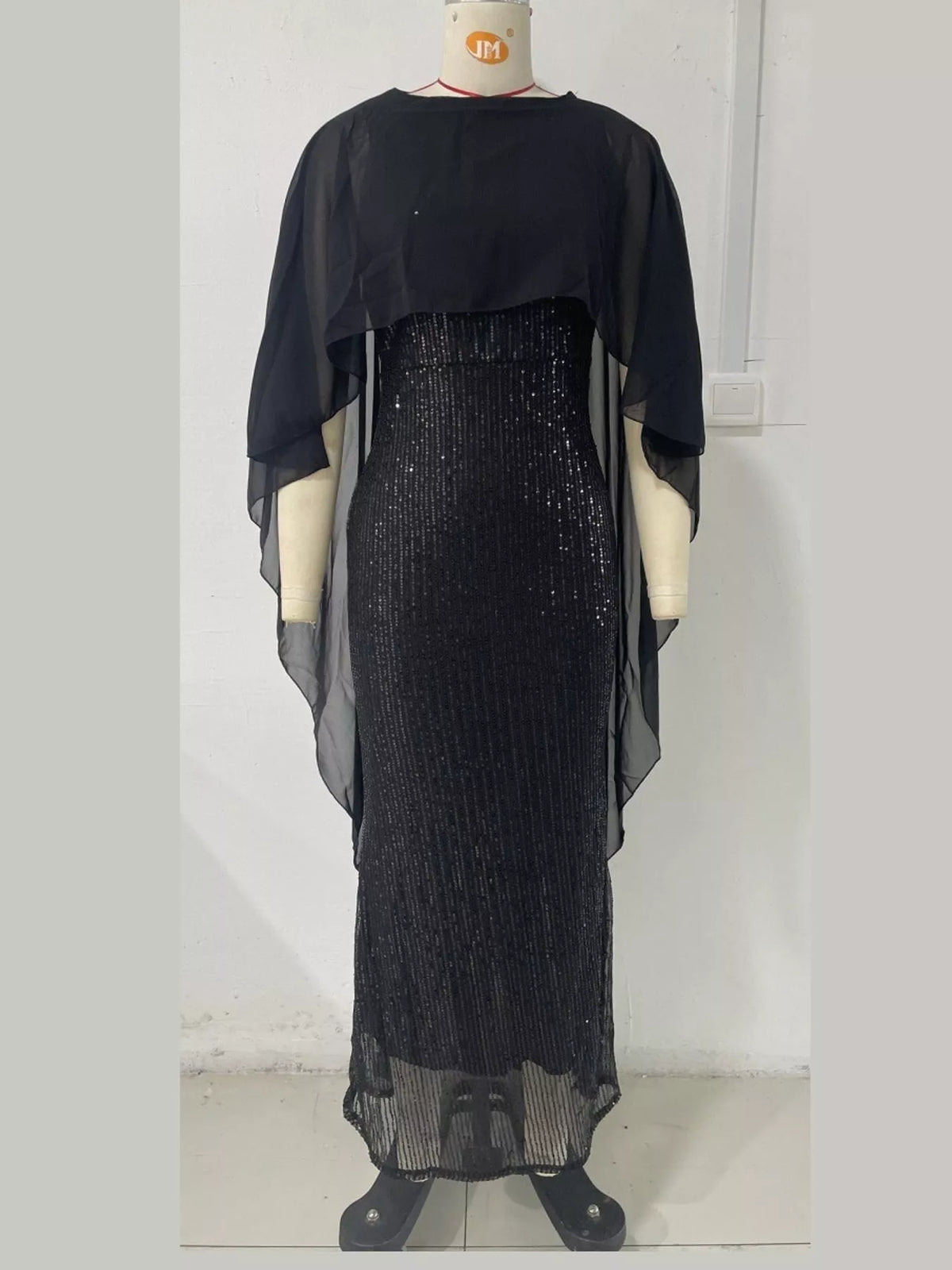 Women's Sequin Cape Overlay Evening Dress in black — mannequin front view